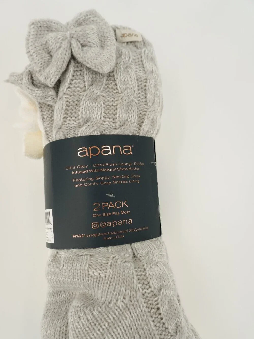 Apana Moisturizing Socks Shea Butter 2 Pack Lounge Socks With Bows OS